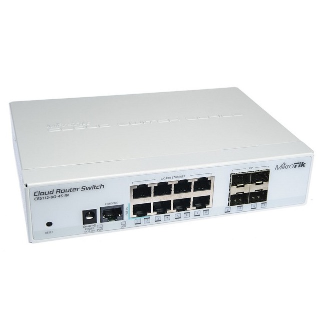 8x Gigabit Ethernet Smart Switch, 4x SFP cages, 400MHz CPU, 128MB RAM, desktop case, RouterOS L5