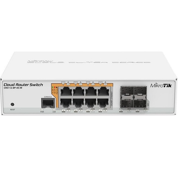 8x Gigabit Ethernet Smart Switch with PoE-out, 4x SFP cages, 400MHz CPU, 128MB RAM, desktop case, RouterOS L5
